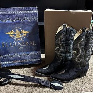 El General stingray skin men’s Black and Gray Western Boots with belt and wallet